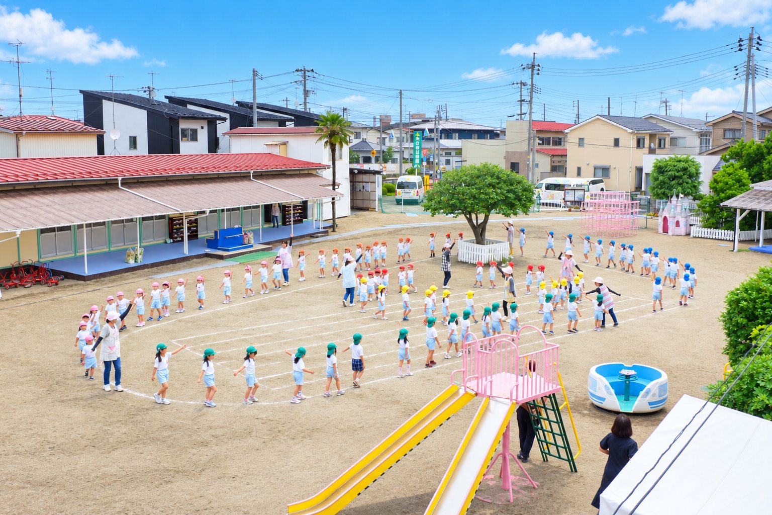 園庭で輪になって体操をする子どもたち