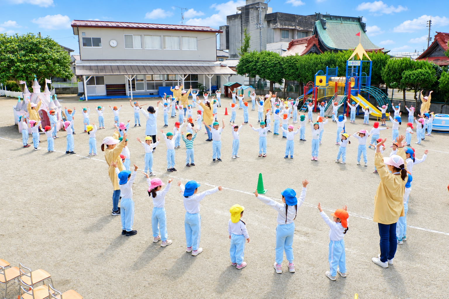 園庭で体操をする子どもたち