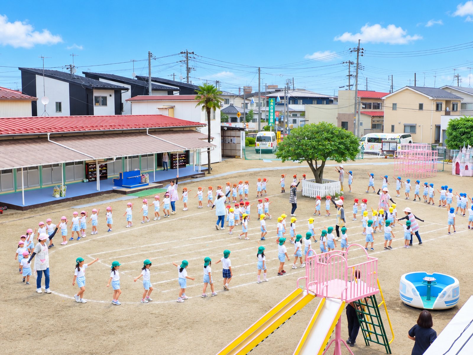 広い園庭いっぱいに並ぶ子どもたち